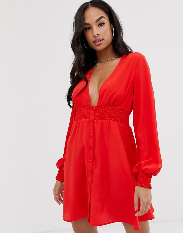 Asos Design Long Sleeve Button Through Mini Dress With Shirred Waist - Red