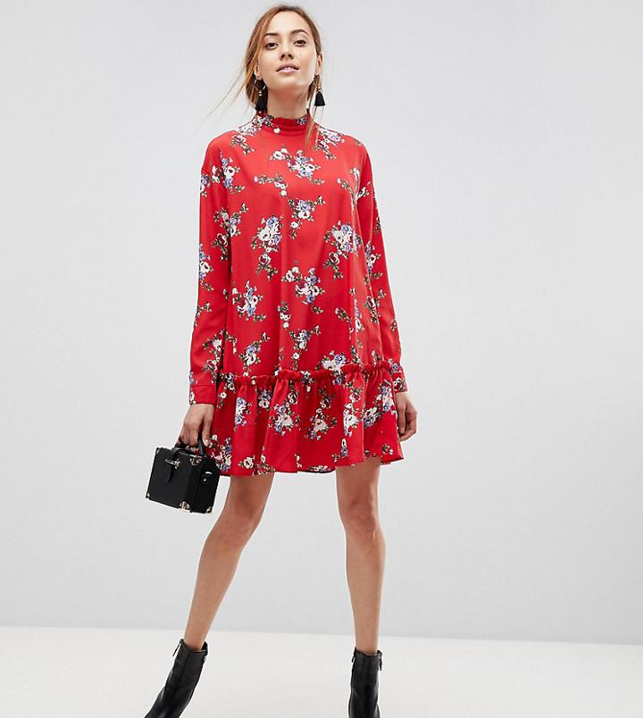 Asos Design Tall Smock Mini Dress With Pep Hem In Red Floral - Multi