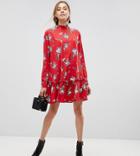 Asos Design Tall Smock Mini Dress With Pep Hem In Red Floral - Multi