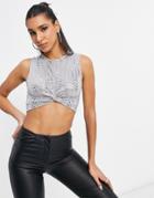 Club L London Sequin Knot Crop Top In Silver