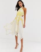 Asos Design Midi Dress With Lace Inserts And Open Back In Embroidery - Yellow