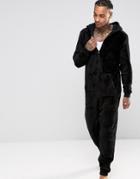 Asos Loungewear Fleece Hooded Onesie In Black - Black