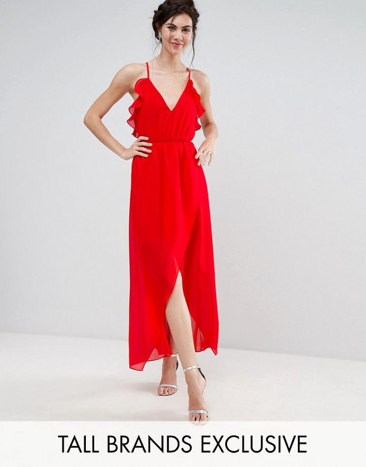 Td By True Decadence Tall Frill Detail High Low Midi Dress With Strappy Back - Red