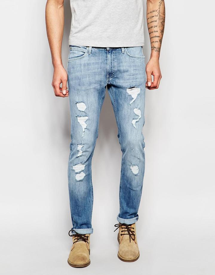 Lee Jeans Luke Skinny Fit Stretch Blue Trash Distress Repair Light Wash - Blue Trash