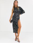Asos Design Copenhagen One Sleeve Midaxi Dress In Mono Squiggle Print - Multi