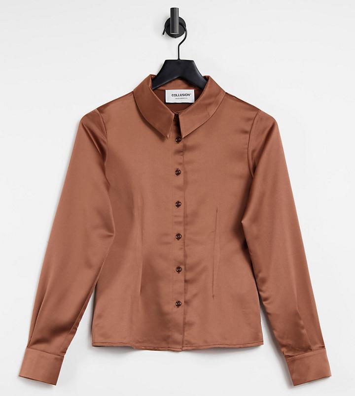 Collusion Satin Shirt Set In Brown
