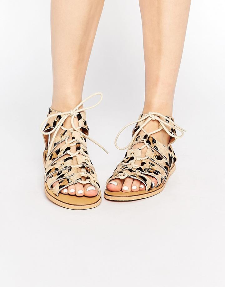 London Rebel Gladiator Leather Flat Sandals - Tan
