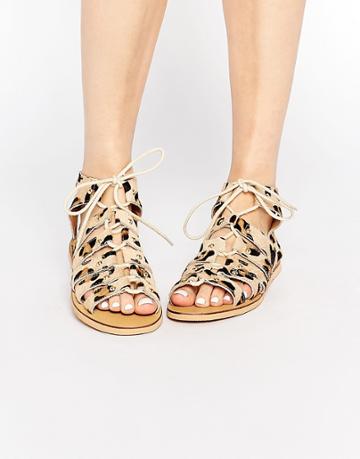 London Rebel Gladiator Leather Flat Sandals - Tan