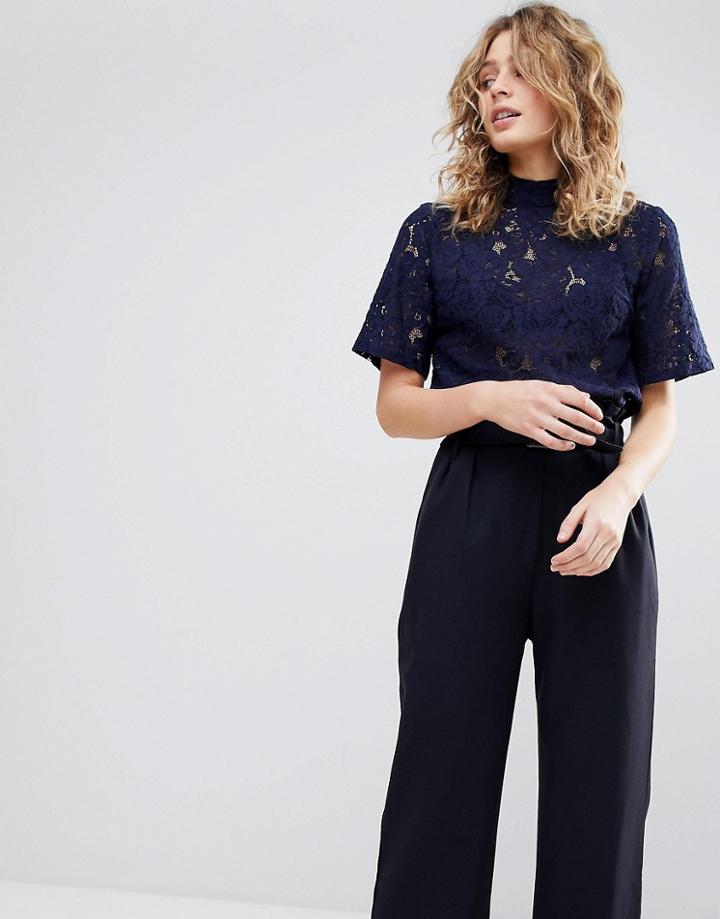 Ichi Lace High Neck Top - Navy