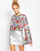 Jaded London Crochet Floral Crop Top With Flared Sleeve - Multi