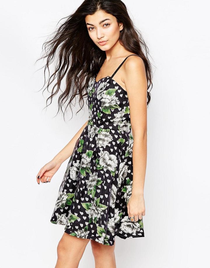 Iska Cami Skater Dress In Big Flower Polka Dot - Black