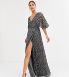 Maya Tall Bridesmaid Delicate Sequin Wrap Maxi Dress In Dark Gray