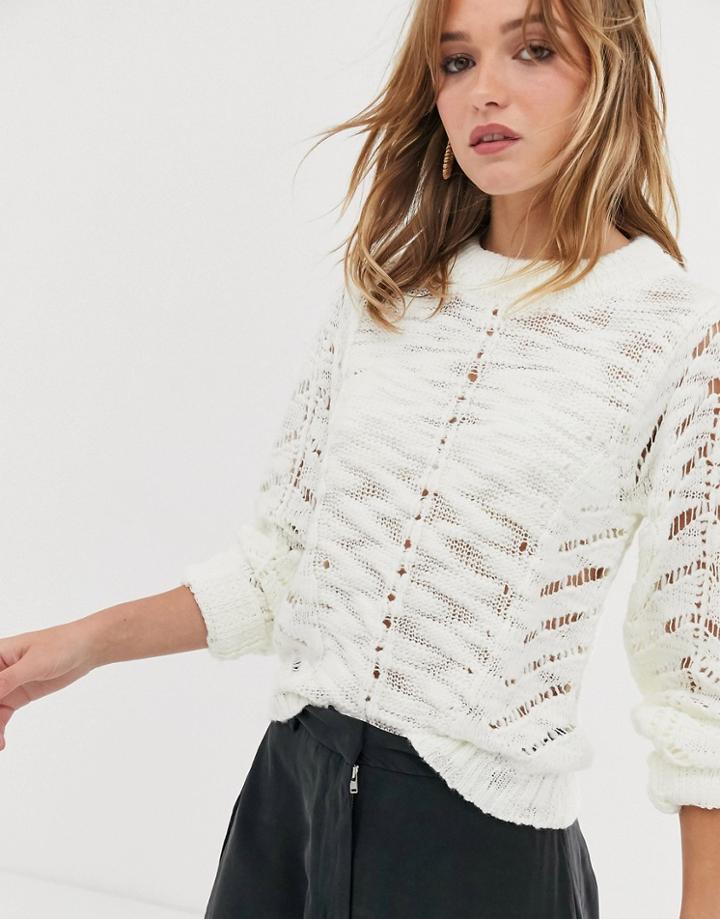 Asos Design Volume Sleeve Open Stitch Sweater-cream