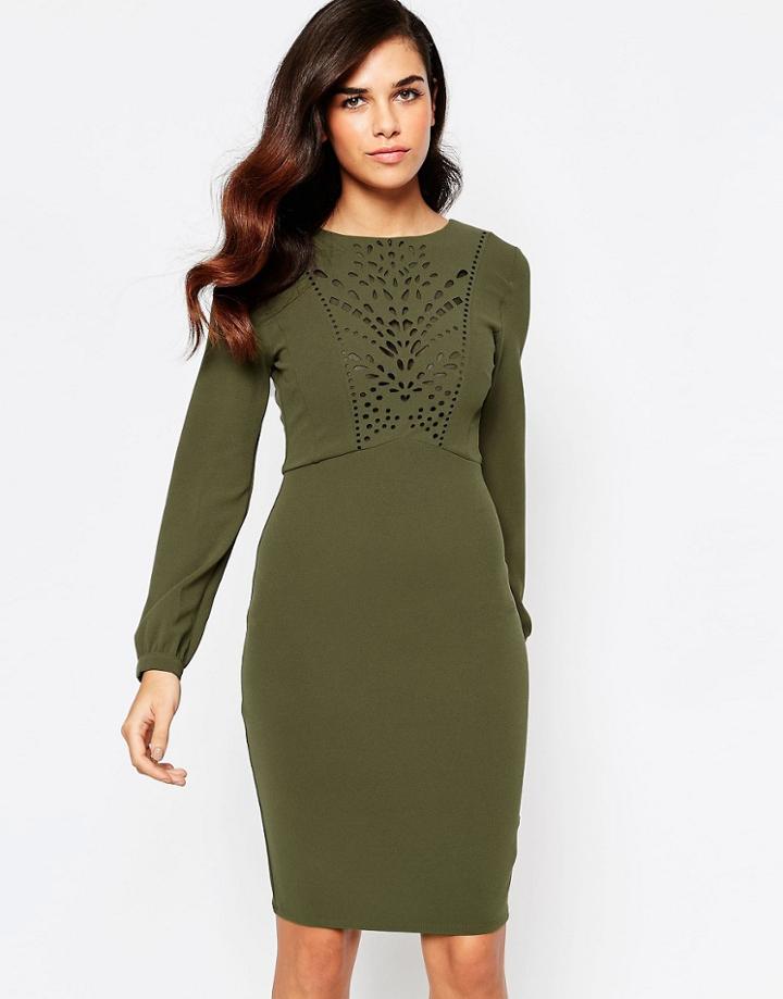 Amy Childs Taylor Lasercut Dress With Low Back - Khaki