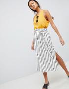 Asos Design Tailored Linen Paperbag Waist Split Side Midi Pencil Skirt In Stripe - Multi
