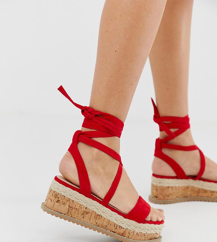Prettylittlething Tie Up Espadrille Flatform Sandal In Red - Red