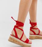 Prettylittlething Tie Up Espadrille Flatform Sandal In Red - Red