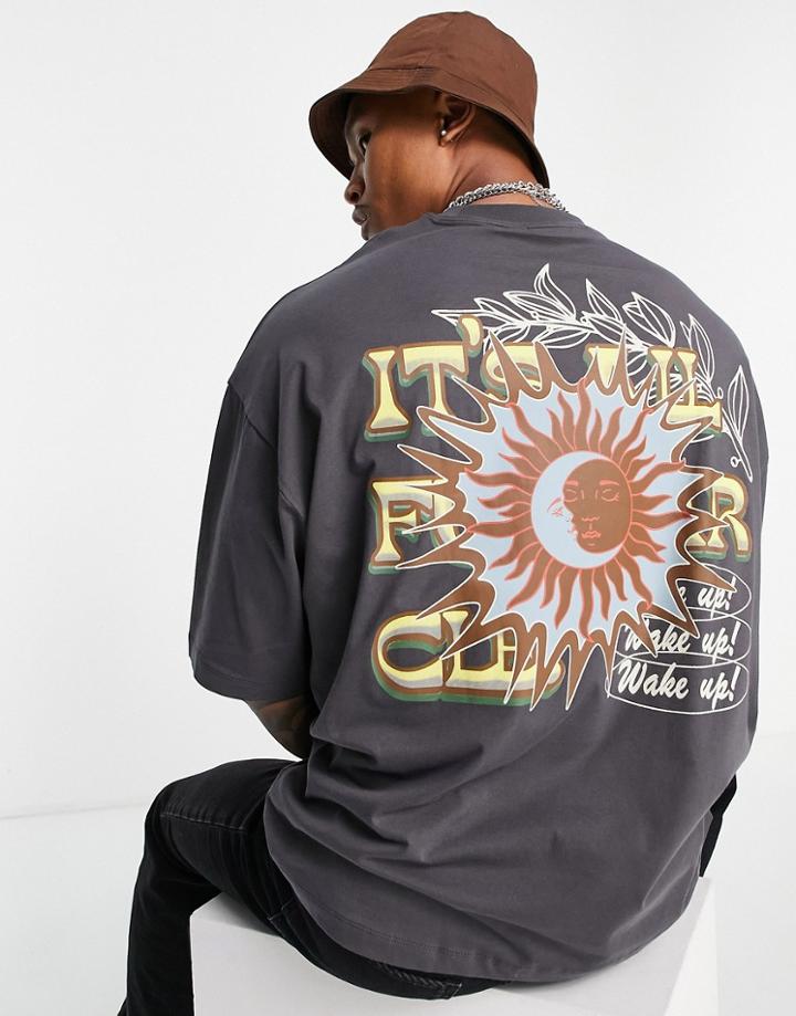 Asos Design Oversized T-shirt In Dark Gray With Celestial Front And Back Print