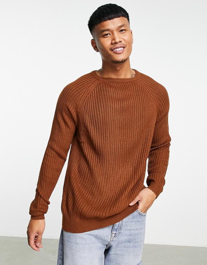 Asos Design Knitted Rib Crew Neck Sweater In Brown