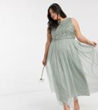 Maya Plus Bridesmaid Sleeveless Midaxi Tulle Dress With Tonal Delicate Sequin Overlay In Sage Green