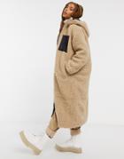 Asos Design Longline Fleece Hooded Coat In Camel-brown