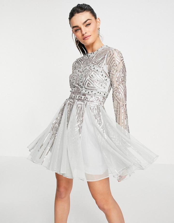Asos Design Long Sleeve Mini Dress With Gem And Sequin Embellishment In Sage-green