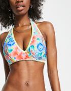 Figleaves Fuller Bust Plunge Bikini Top In Blue Vintage Floral Print-green