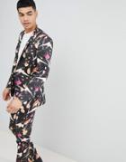 Asos Design Super Skinny Suit Jacket In Cotton Bird Print-black