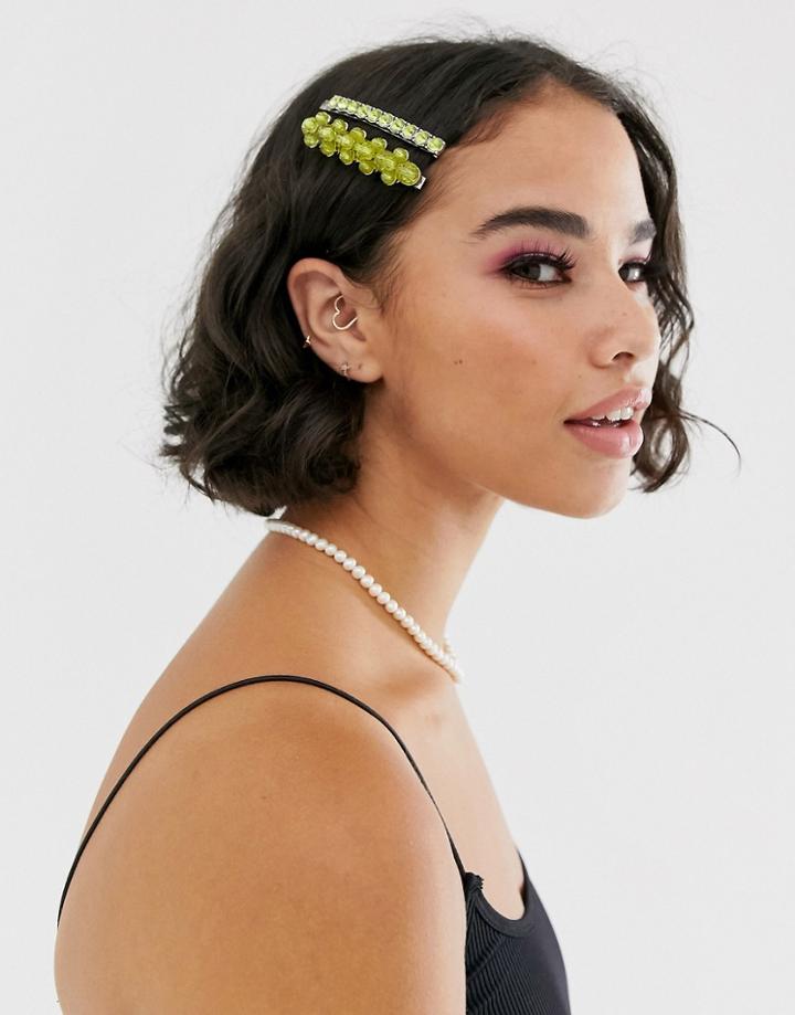 Asos Design Pack Of 2 Beaded Hair Slides-green