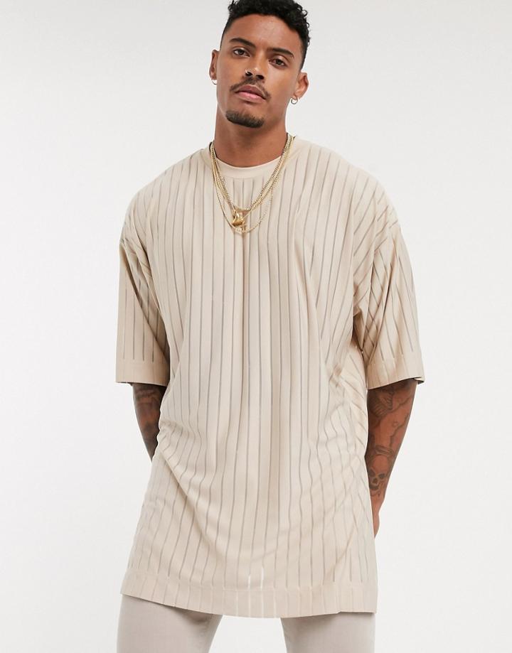 Asos Design Oversized Super Longline T-shirt In Sheer Stripe In Beige