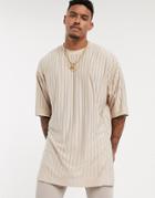 Asos Design Oversized Super Longline T-shirt In Sheer Stripe In Beige