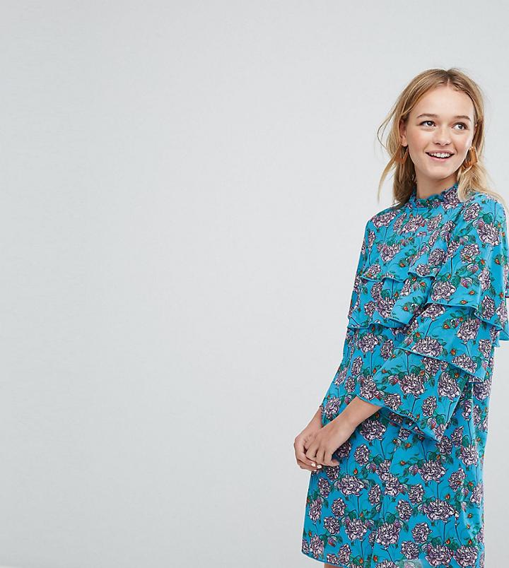 Monki Floral Ruffle Smock Dress - Blue