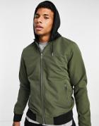 River Island Hooded Bomber Jacket In Khaki-green