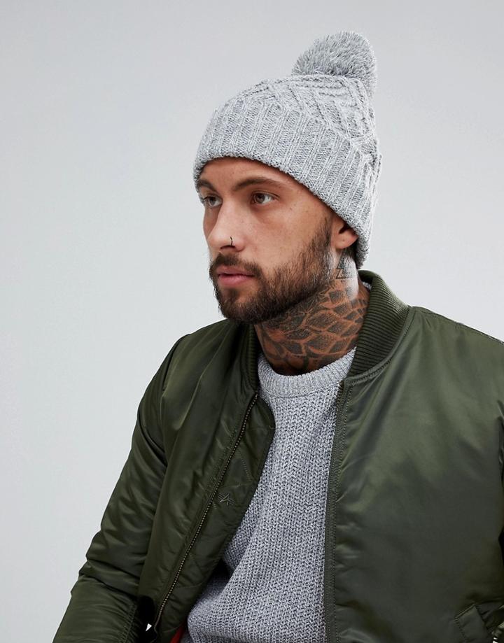 Asos Chunky Bobble Beanie In Gray Twist - Gray