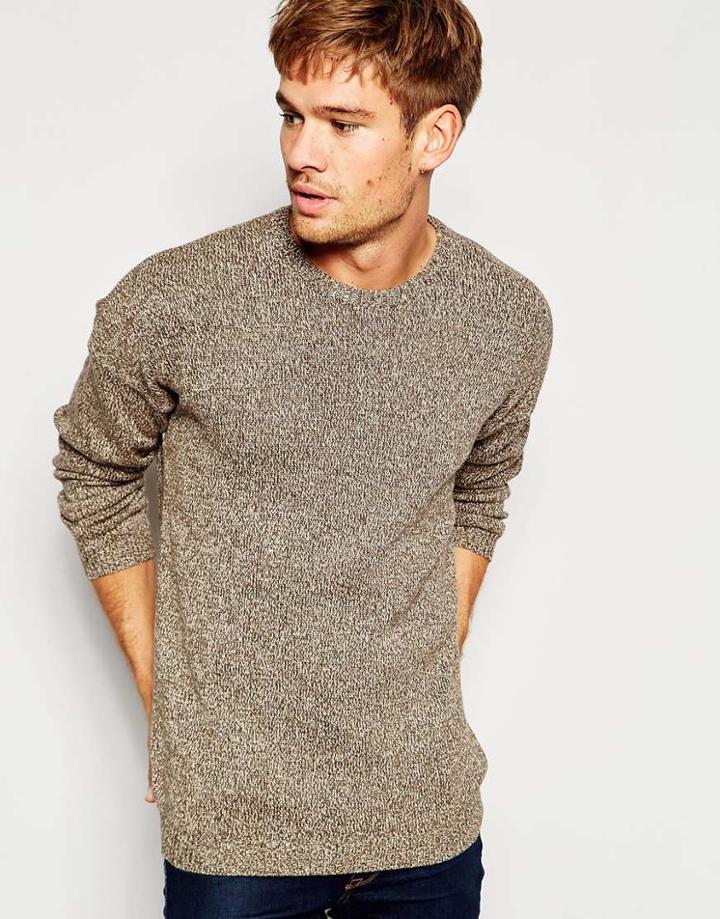 Asos Crew Neck Jumper In Midweight Cotton Twist - Brown Twist