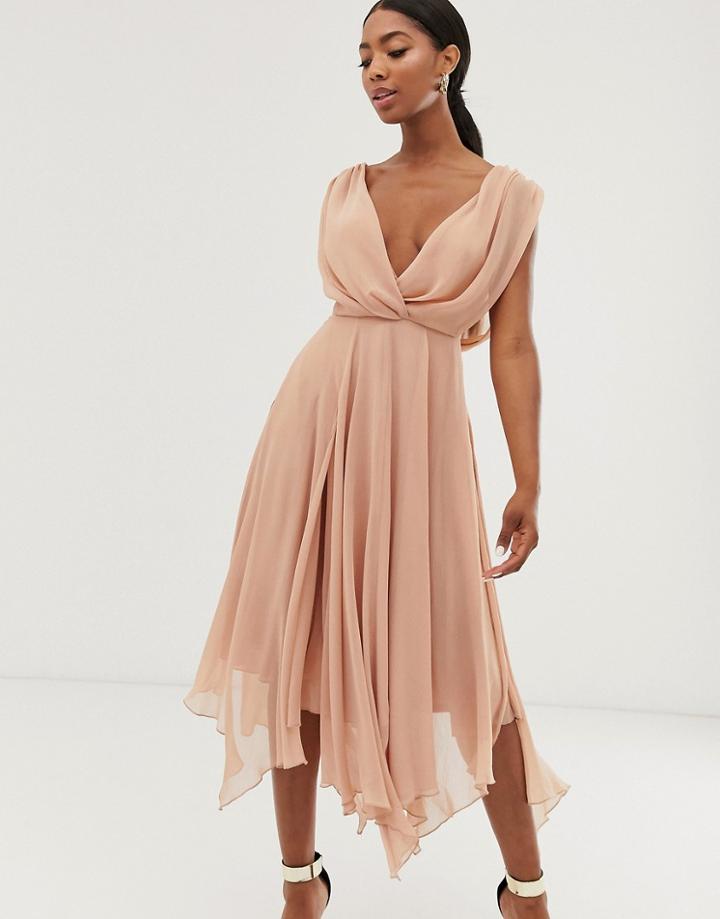 Asos Design Wrap Bodice Midi Dress With Drape Back - Pink
