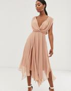 Asos Design Wrap Bodice Midi Dress With Drape Back - Pink