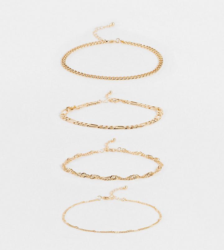 Asos Design Curve Pack Of 4 Anklets In Mixed Chains In Gold Tone