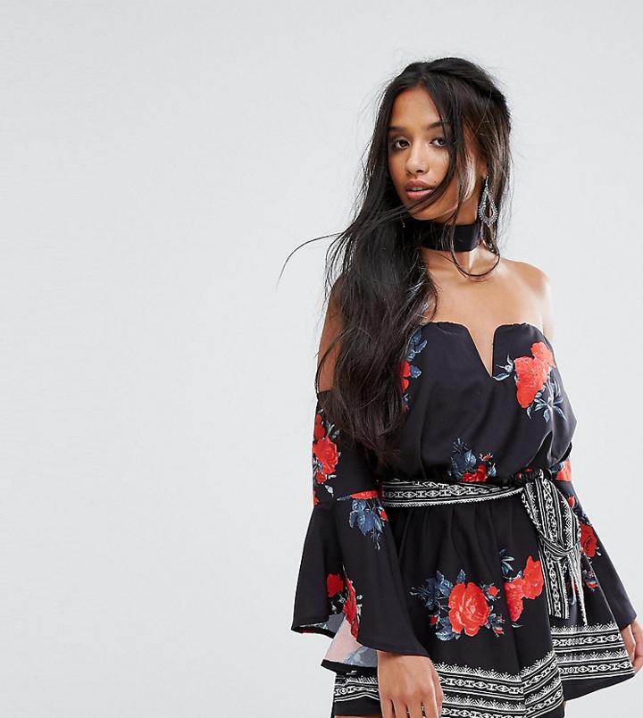 Sisters Of The Tribe Petite Off Shoulder Romper With Sweetheart Neck In Dark Rose - Black