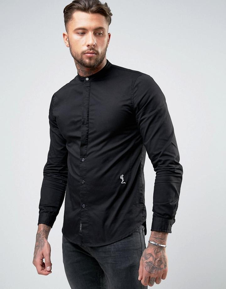 Religion Regular Fit Shirt With Grandad Collar In Cotton Twill - Black