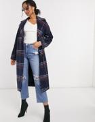 Helene Berman Wool Blend Double Breasted Oversized Coat In Blue Check-navy