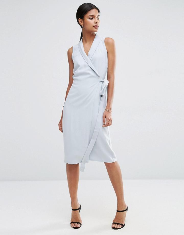 Asos Wrap Midi Dress In Premium Fabric - Blue