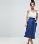 Asos Design Tall Cotton Midi Skirt With Button Front - Navy