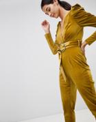 River Island Velvet Plunge Neck Jumpsuit-yellow