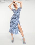 Ax Paris Short Sleeve Midi Dress In Blue Floral
