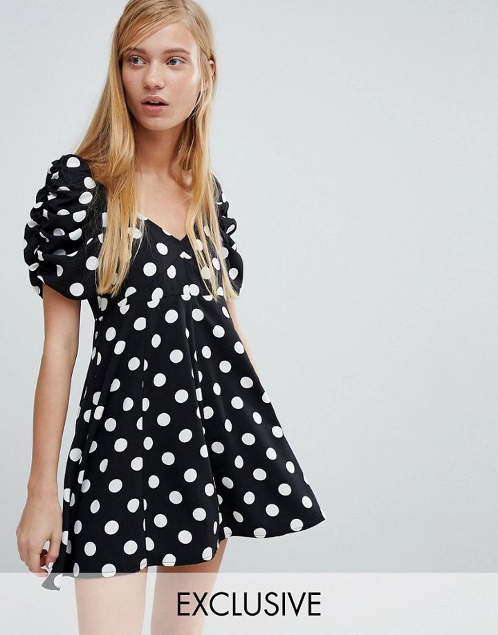Monki Polka Dot Fit And Flare Dress-black