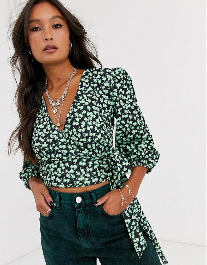 Asos Design Wrap Top With Volume Sleeve In Ditsy Print-multi