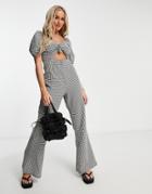 Qed London Tie Front Wide Leg Jumpsuit In Gingham-black