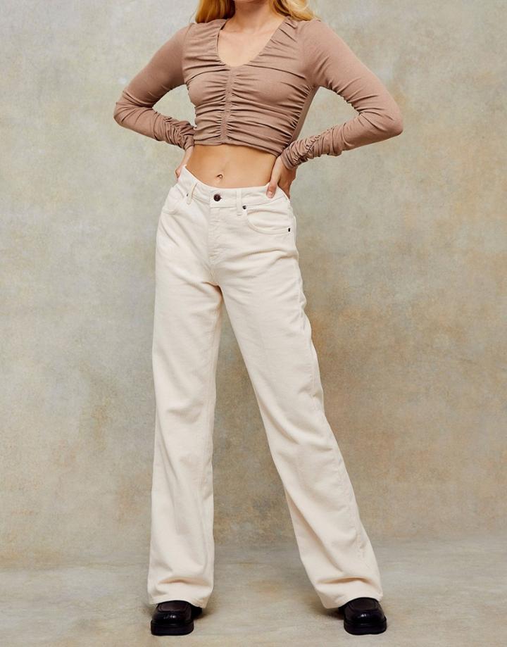Topshop Cord Straight Leg Jeans In Ecru-white