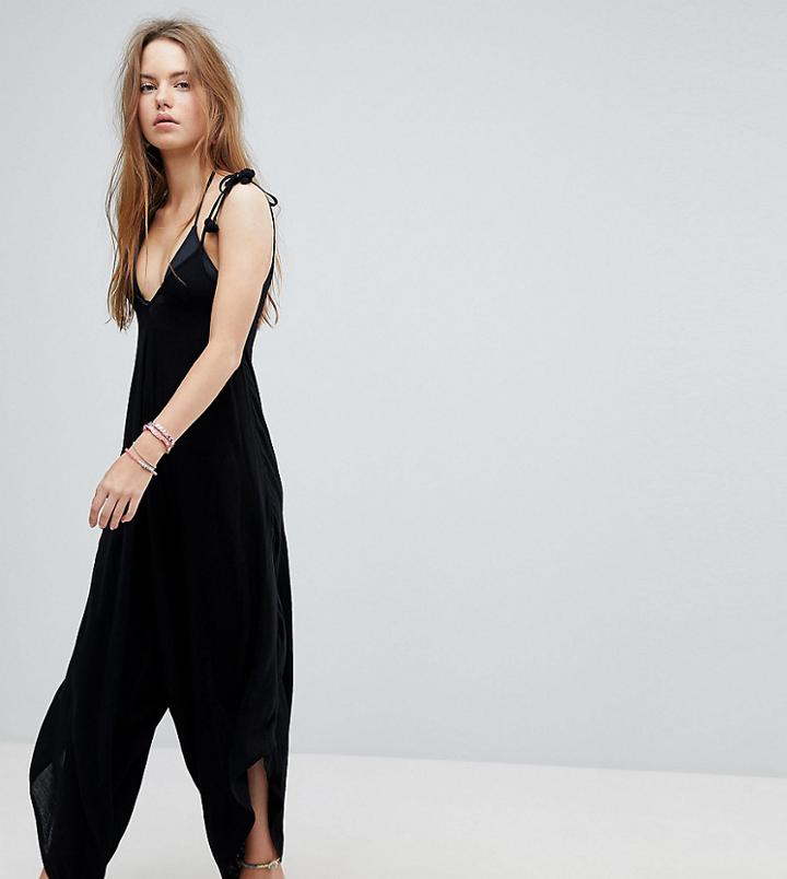 Akasa Fluted Leg Beach Jumpsuit With Pom Pom Ties - Black